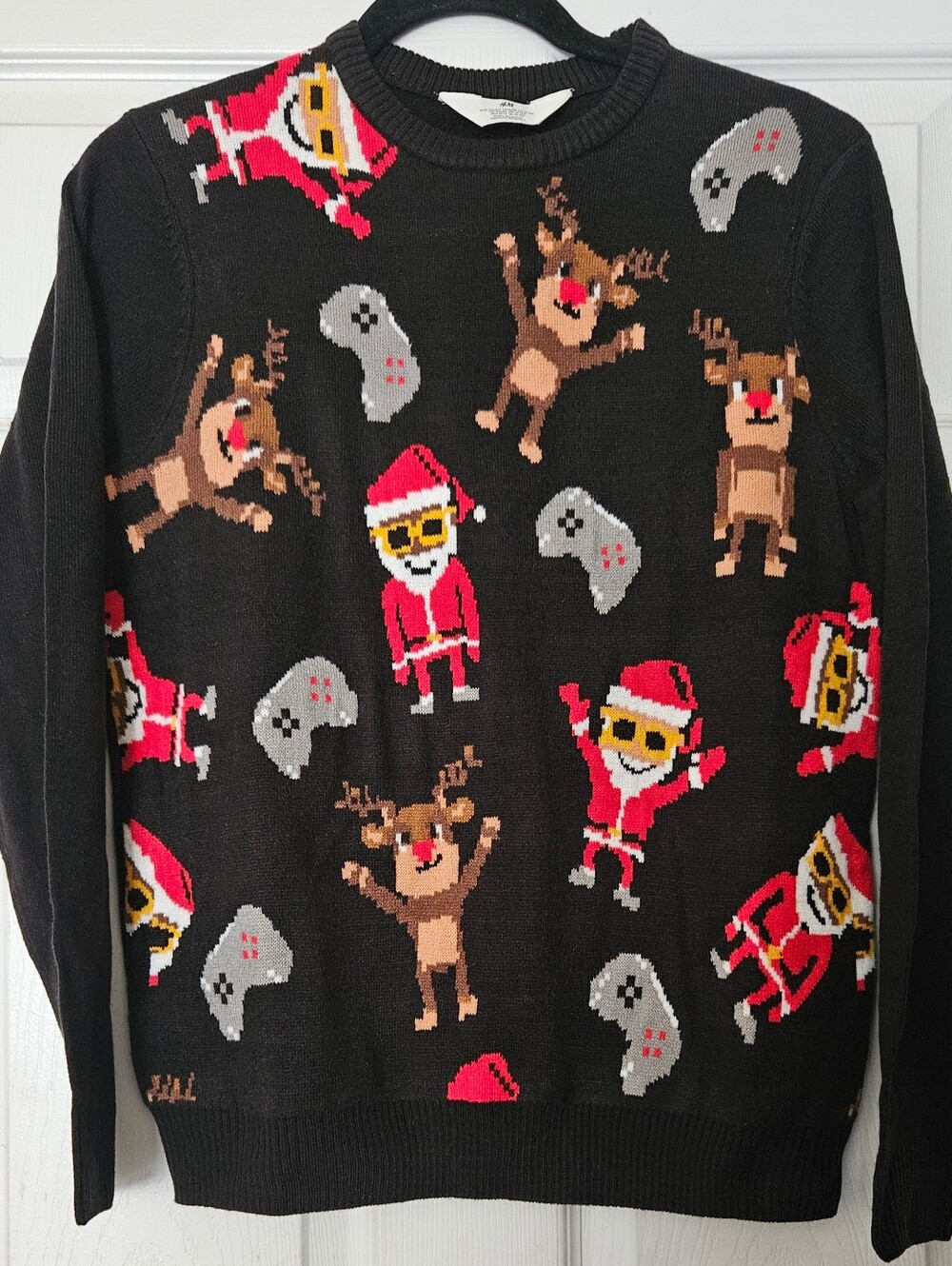 Black Christmas Novelty Sweater with Santa & Reindeer ** Fits Like A Large NWOT